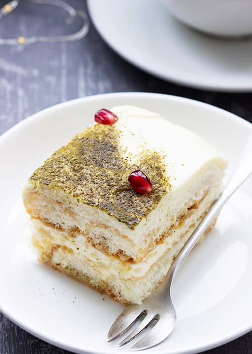 Tiramisú de té matcha 3 Presentación de tiramisú de té matcha